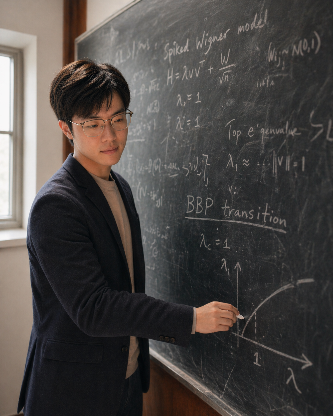 Jieyang Hu writing mathematical equations on a chalkboard